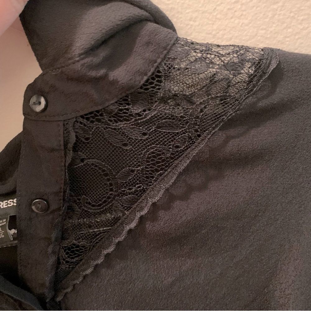 Womens Express Black Lace Pieced Portofino Button Up Blouse Size XL